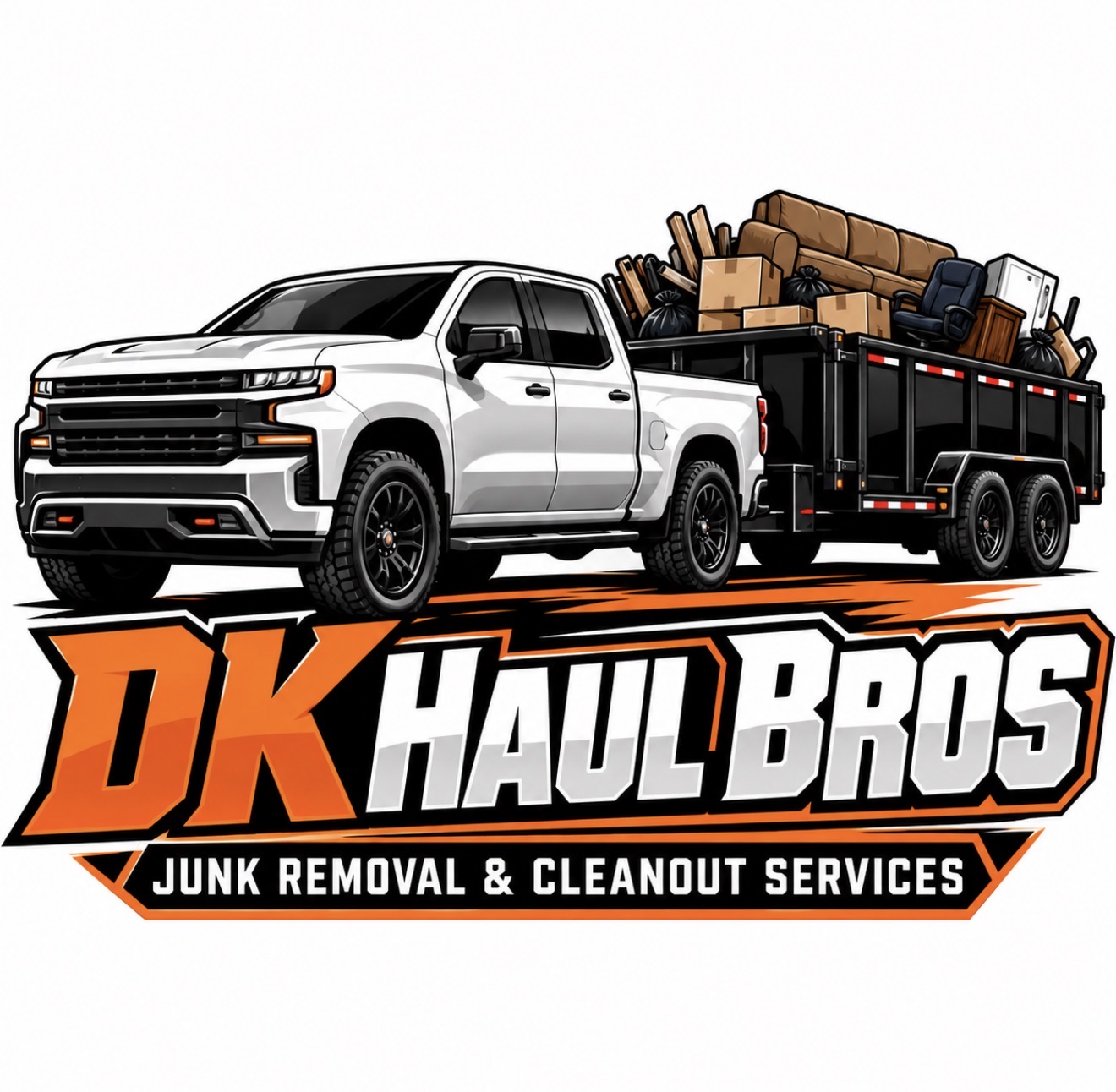 DK Haul Bros logo with a white pickup and a dump trailer carrying unwanted household items